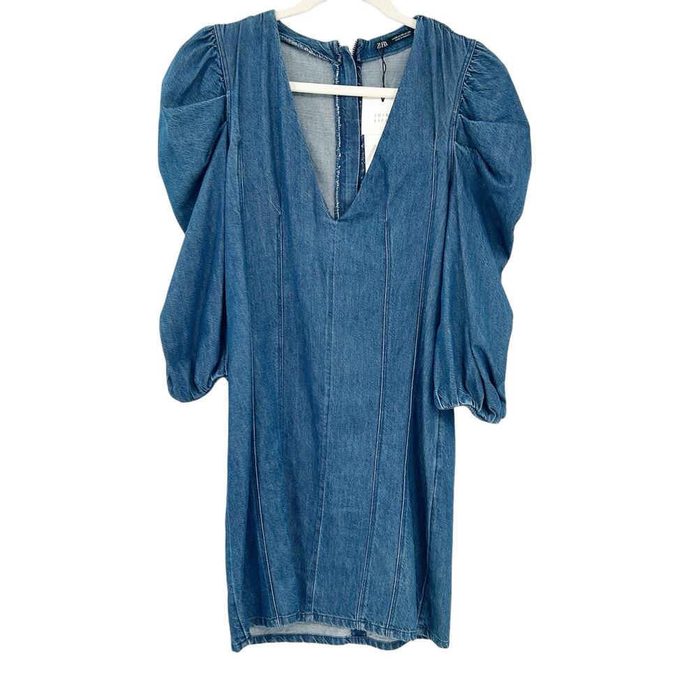Zara Womens Casual Chic 70s V-Neck Puff Statement Sleeve Denim Dress‎ Size XS